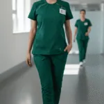 Médica cirujana vistiendo ambo ergonómico Terzo con moldería anatómica y elasticidad 4-Way Stretch en hospital