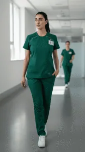 Médica cirujana vistiendo ambo ergonómico Terzo con moldería anatómica y elasticidad 4-Way Stretch en hospital